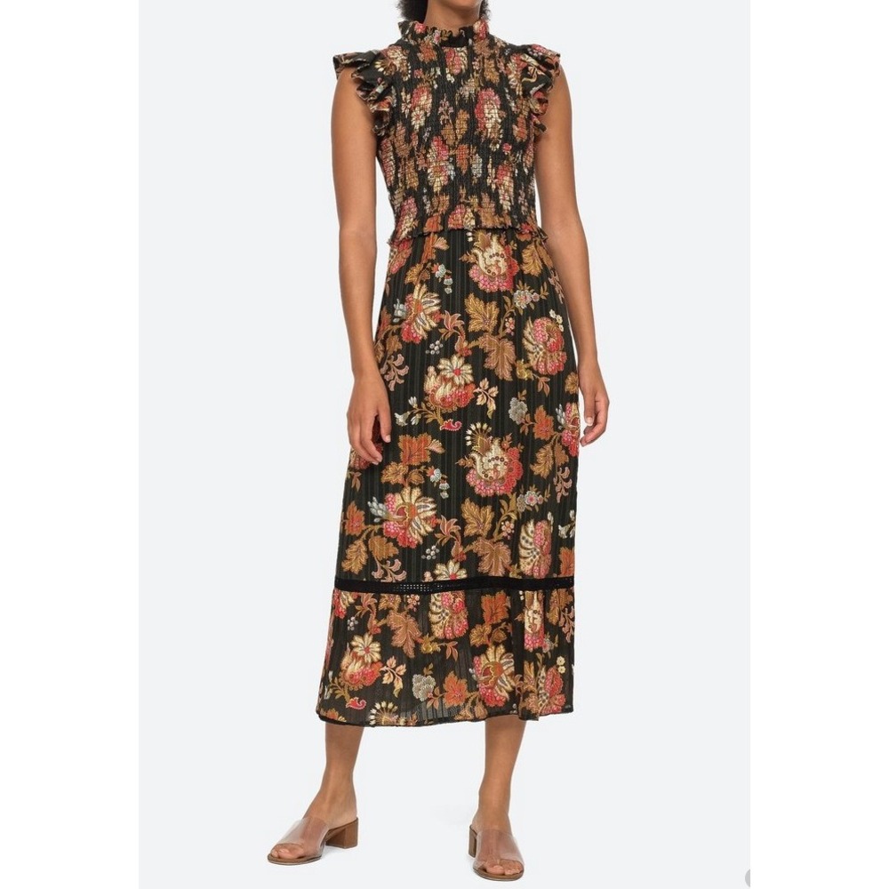 $395 Sea New York Pascale Midi Dress 0 Black Floral Smocked Ruffle Cotton  Boho